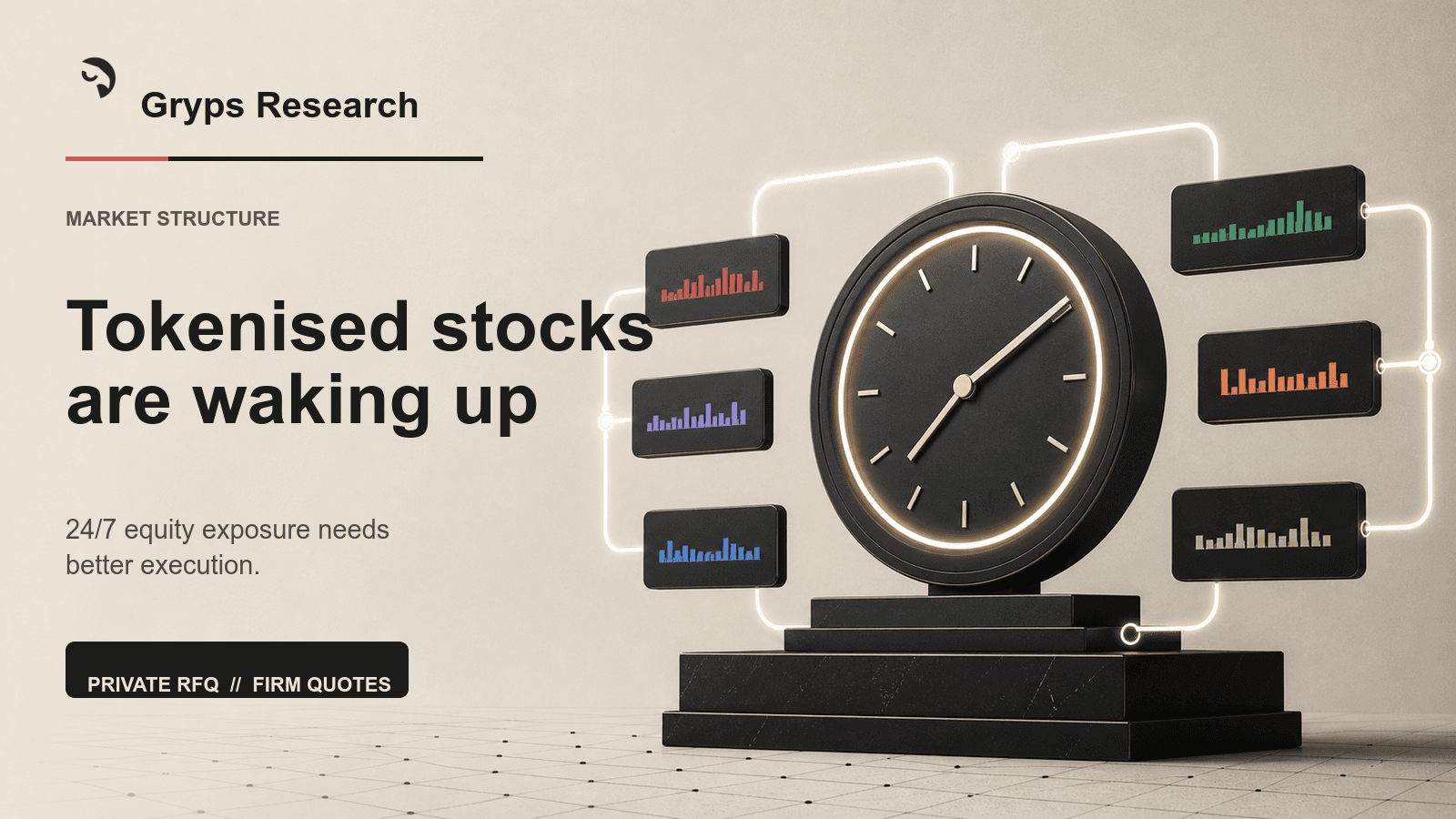 Gryps Research banner showing an always-on market clock connected to private quote panels.